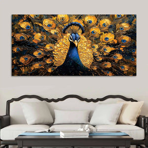 Charming Golden Blue Peacock Canvas Wall Painting for Home & Office