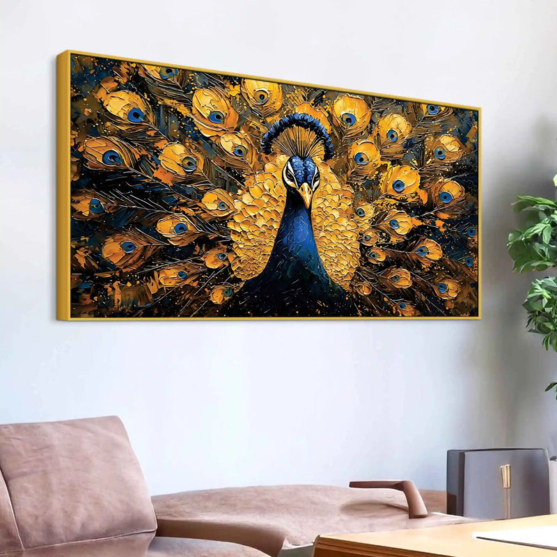 Charming Golden Blue Peacock Canvas Wall Painting for Home & Office