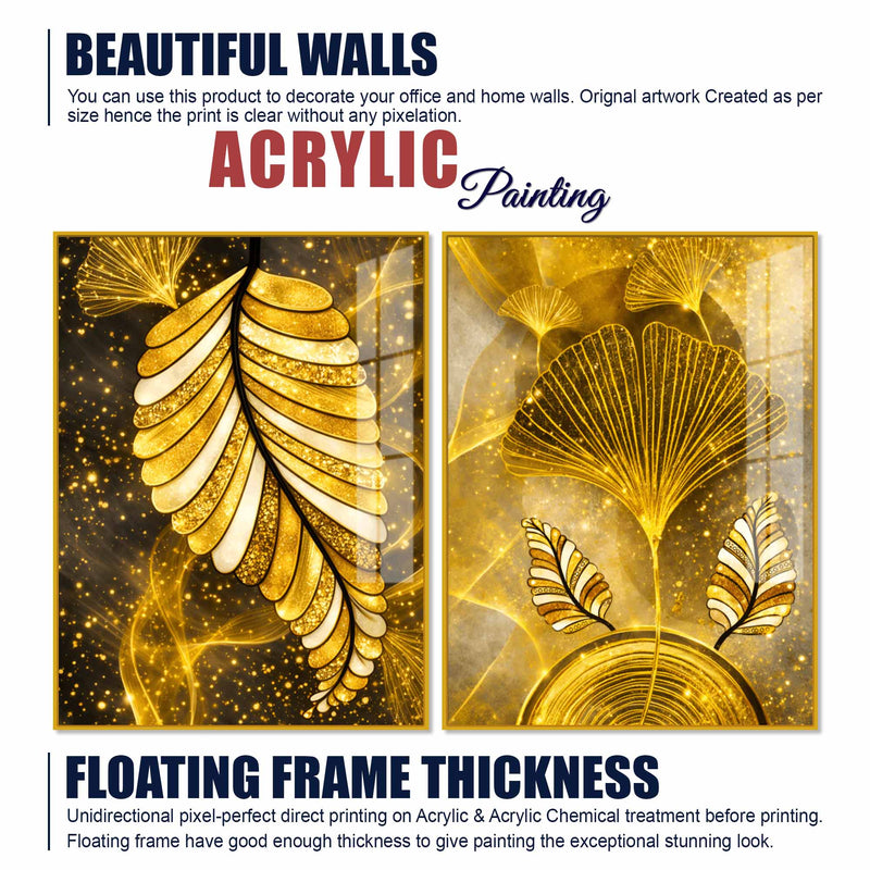 Charming Golden Ginkgo Leaves Acrylic Floating Wall Painting Set of 2