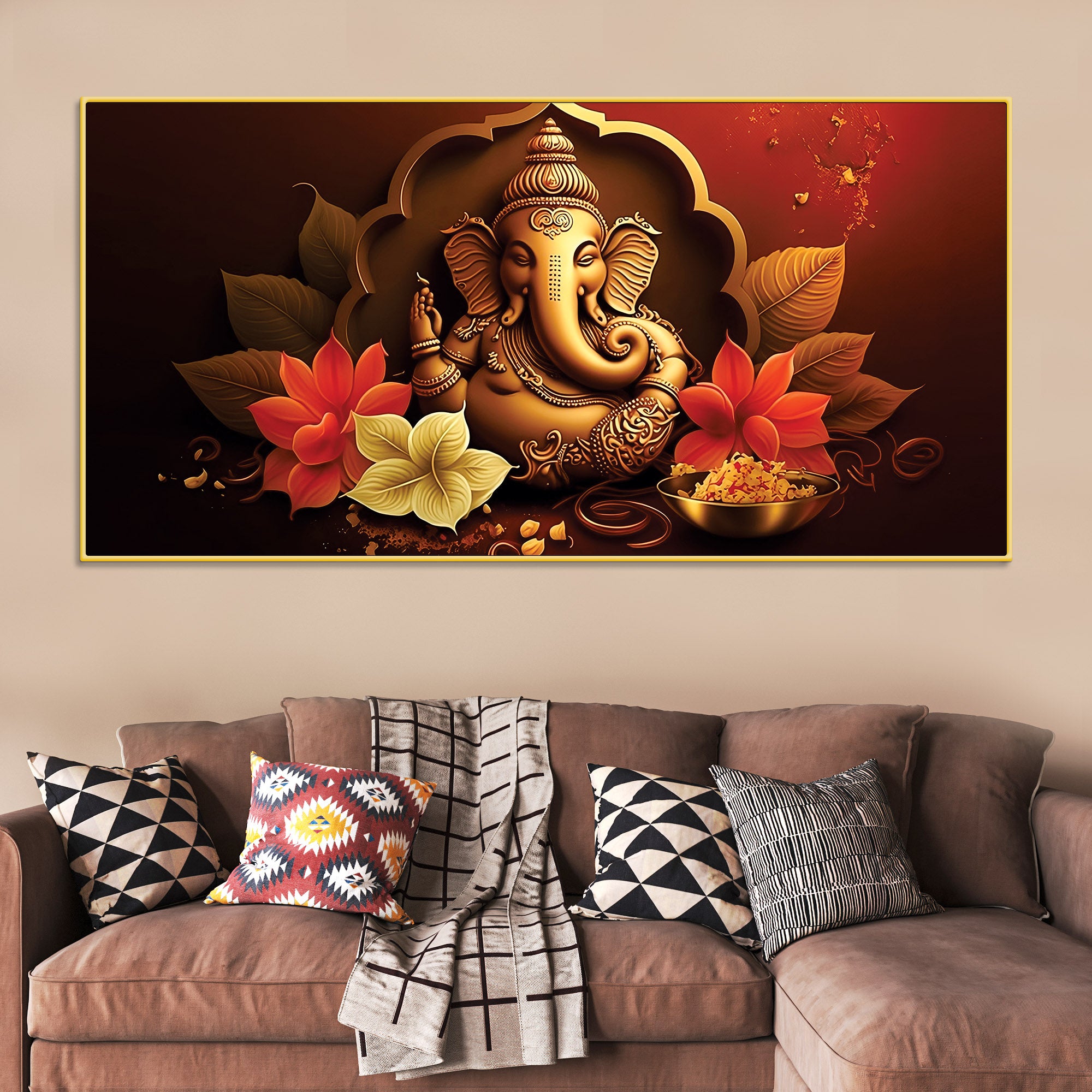 Charming Lord Ganesha Blessing Canvas Wall Painting with Lotus Flower Art for Home & Office Decoration – Modern Spiritual Wall Decor