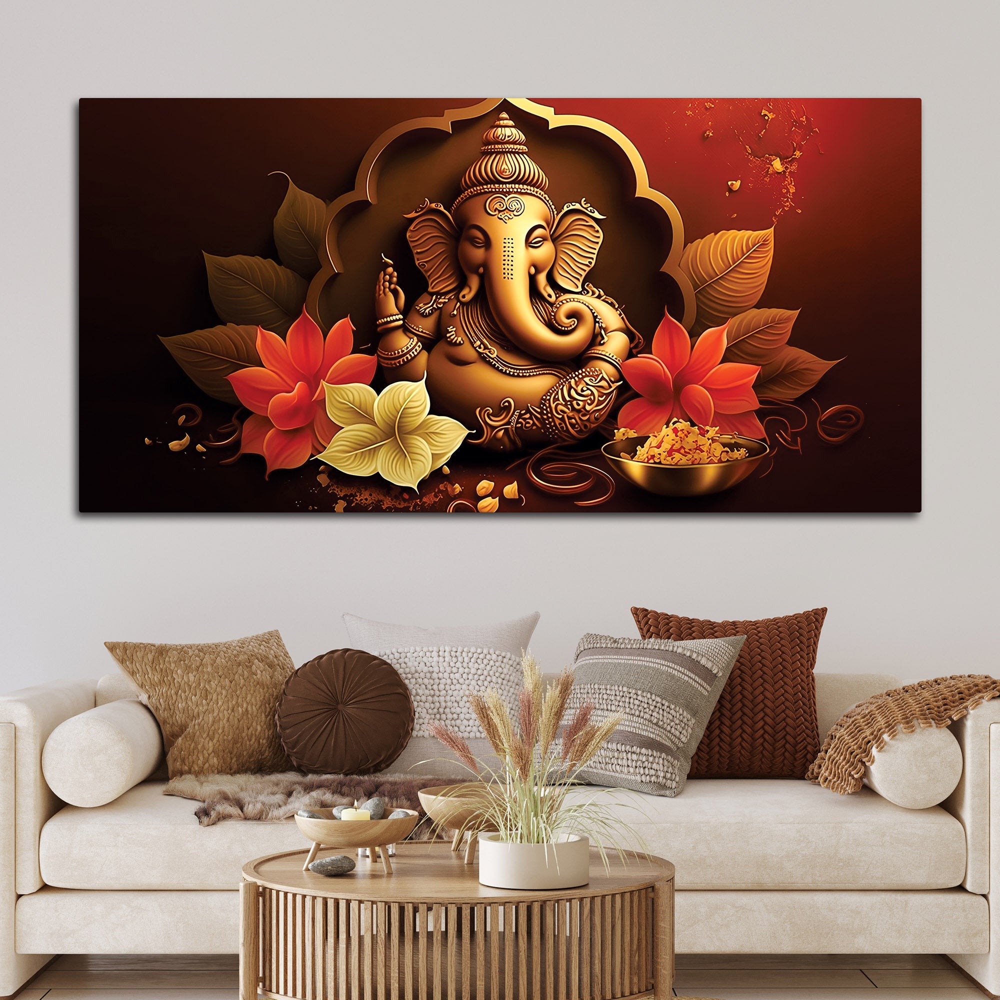 Charming Lord Ganesha Blessing Canvas Wall Painting with Lotus Flower Art for Home & Office Decoration – Modern Spiritual Wall Decor