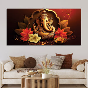 Charming Lord Ganesha Blessing Canvas Wall Painting with Lotus Flower Art for Home & Office Decoration – Modern Spiritual Wall Decor