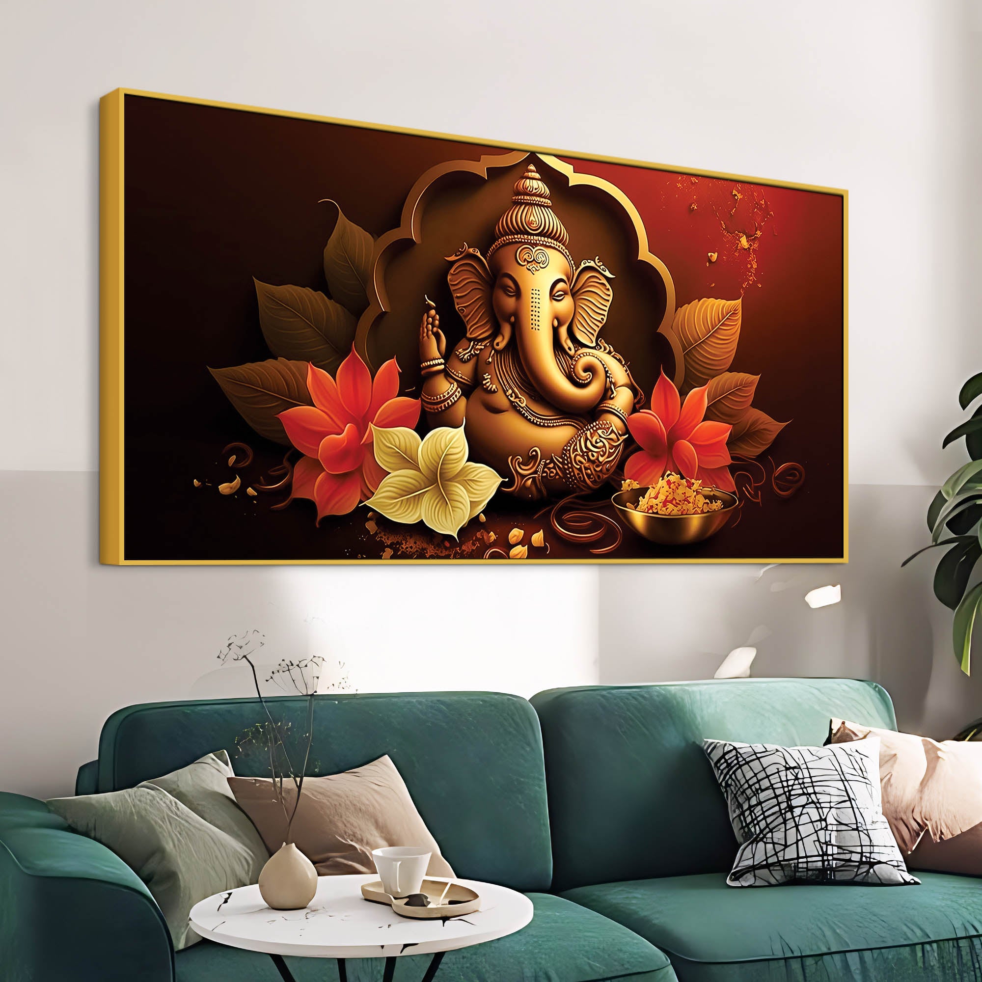 Charming Lord Ganesha Blessing Canvas Wall Painting with Lotus Flower Art for Home & Office Decoration – Modern Spiritual Wall Decor