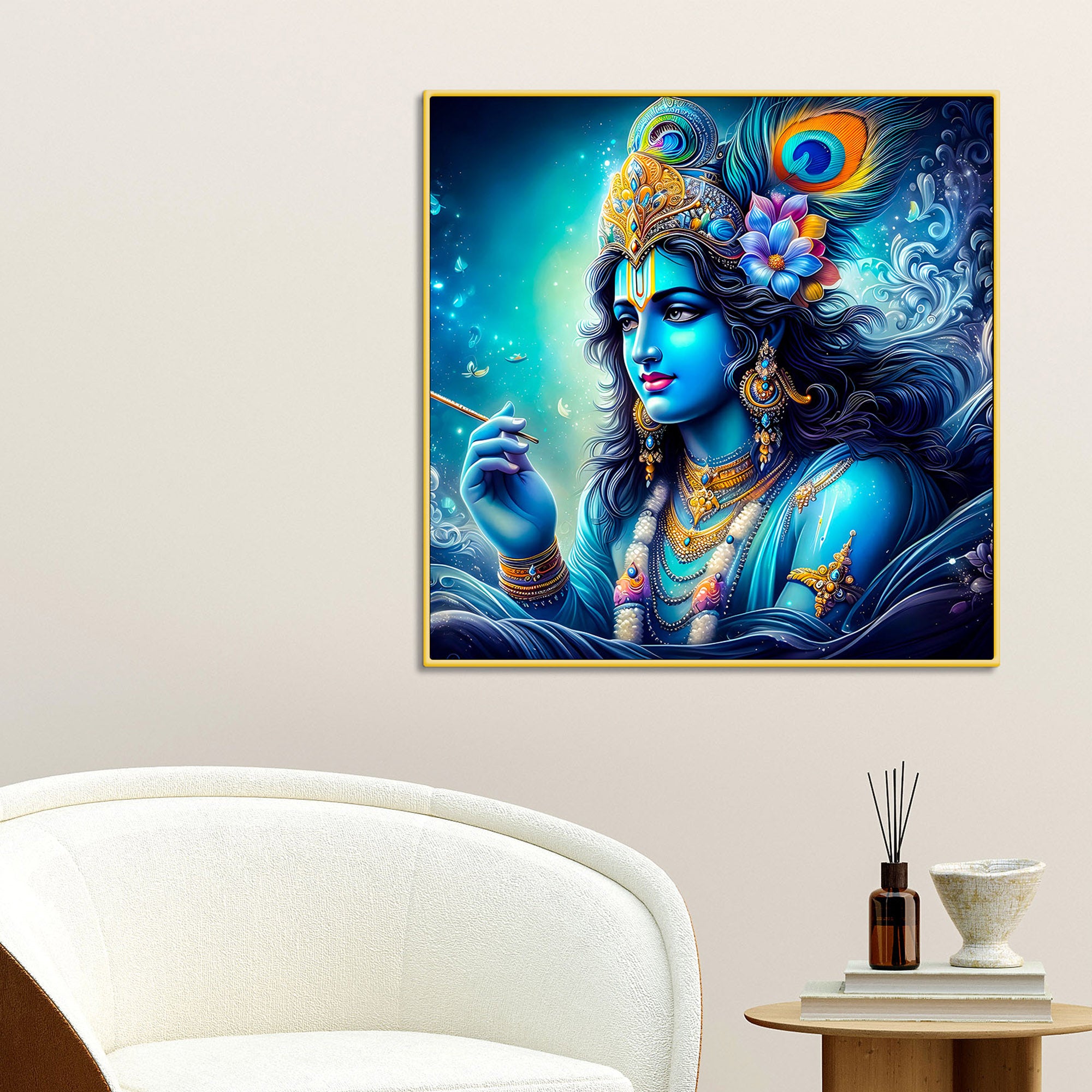Charming Lord Krishna Blue Portrait Canvas Wall Painting for Home & Office – Modern Spiritual Wall Decor