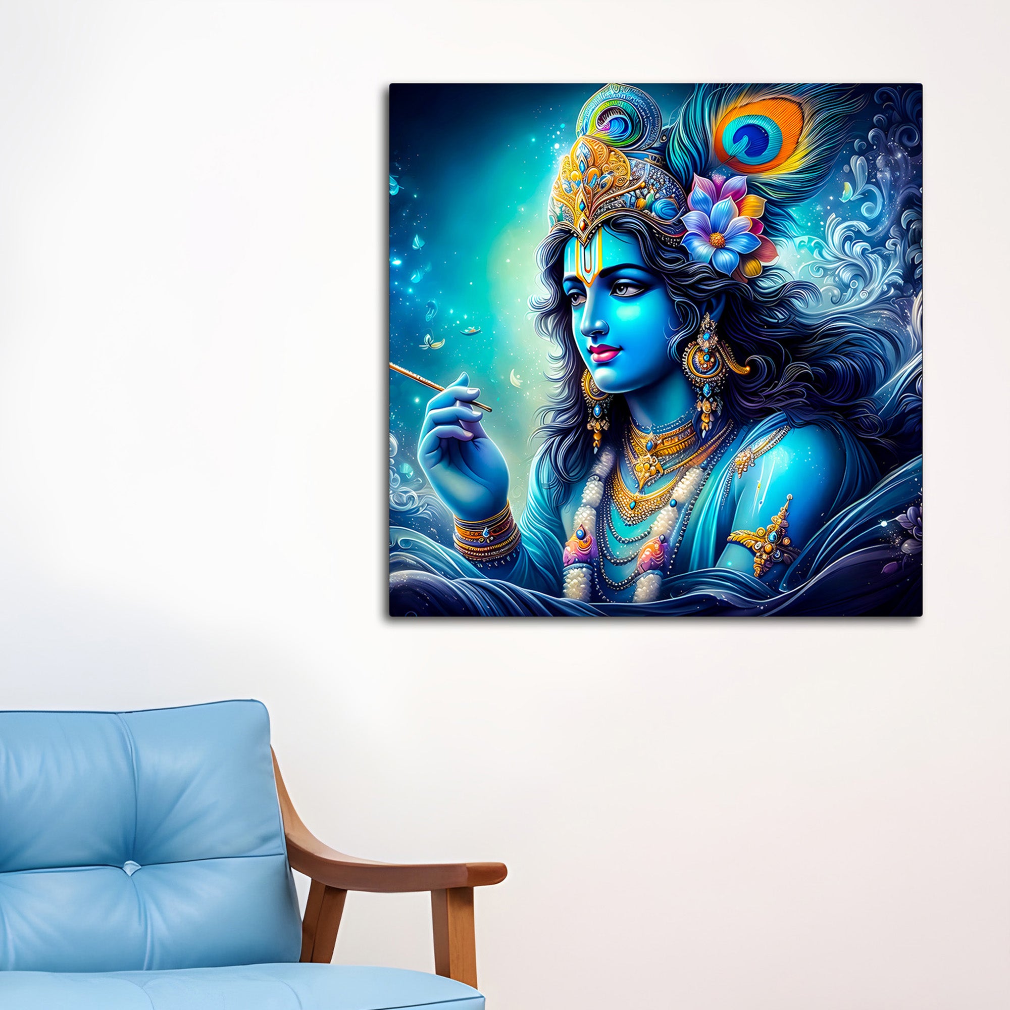Charming Lord Krishna Blue Portrait Canvas Wall Painting for Home & Office – Modern Spiritual Wall Decor