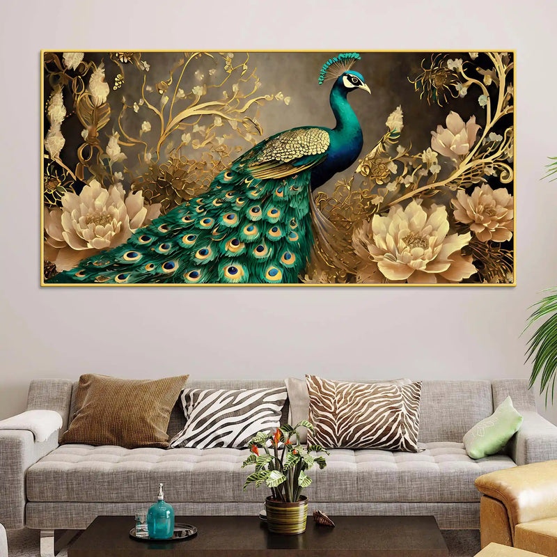 charming-peacock-surrounded-by-blooming-gold-flowers-canvas-wall-painting