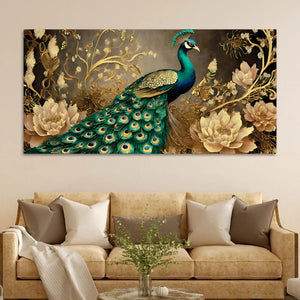 Charming Peacock Surrounded by Blooming Gold Flowers Canvas Wall Painting