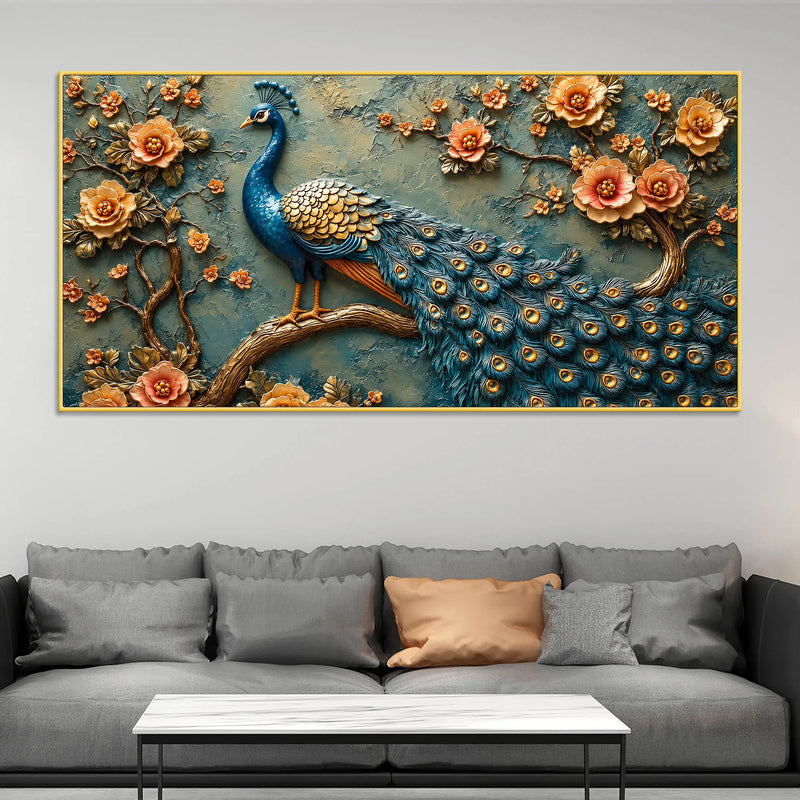 Charming Royal Peacock on Floral Branch 3D Canvas Wall Painting