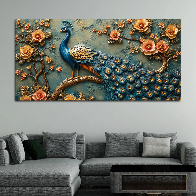 Charming Royal Peacock on Floral Branch 3D Canvas Wall Painting