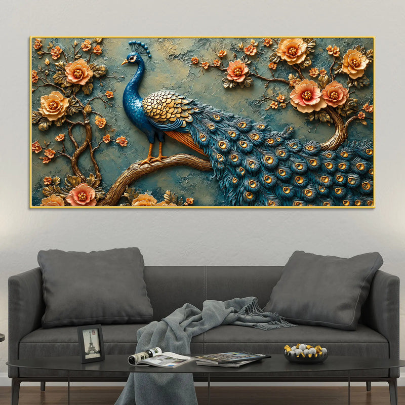 Charming Royal Peacock on Floral Branch 3D Canvas Wall Painting