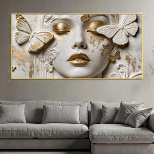 Charming Woman Face with White and Golden Butterflies 3D Canvas Wall Painting