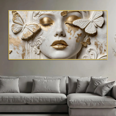 Charming Woman Face with White and Golden Butterflies 3D Canvas Wall Painting