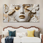 Charming Woman Face with White and Golden Butterflies 3D Canvas Wall Painting