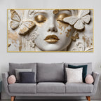 Charming Woman Face with White and Golden Butterflies 3D Canvas Wall Painting