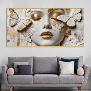 Charming Woman Face with White and Golden Butterflies 3D Canvas Wall Painting