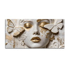 Charming Woman Face with White and Golden Butterflies 3D Canvas Wall Painting