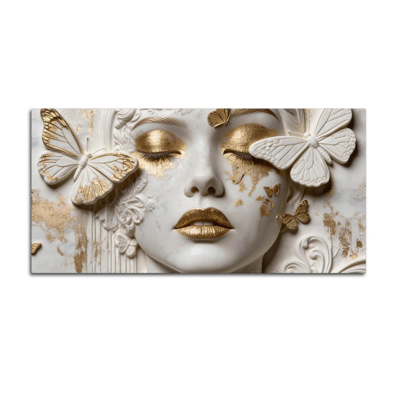 Charming Woman Face with White and Golden Butterflies 3D Canvas Wall Painting