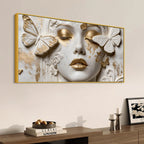 Charming Woman Face with White and Golden Butterflies 3D Canvas Wall Painting