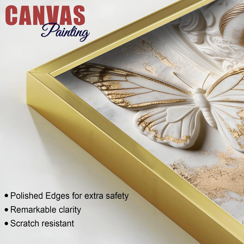 Charming Woman Face with White and Golden Butterflies 3D Canvas Wall Painting
