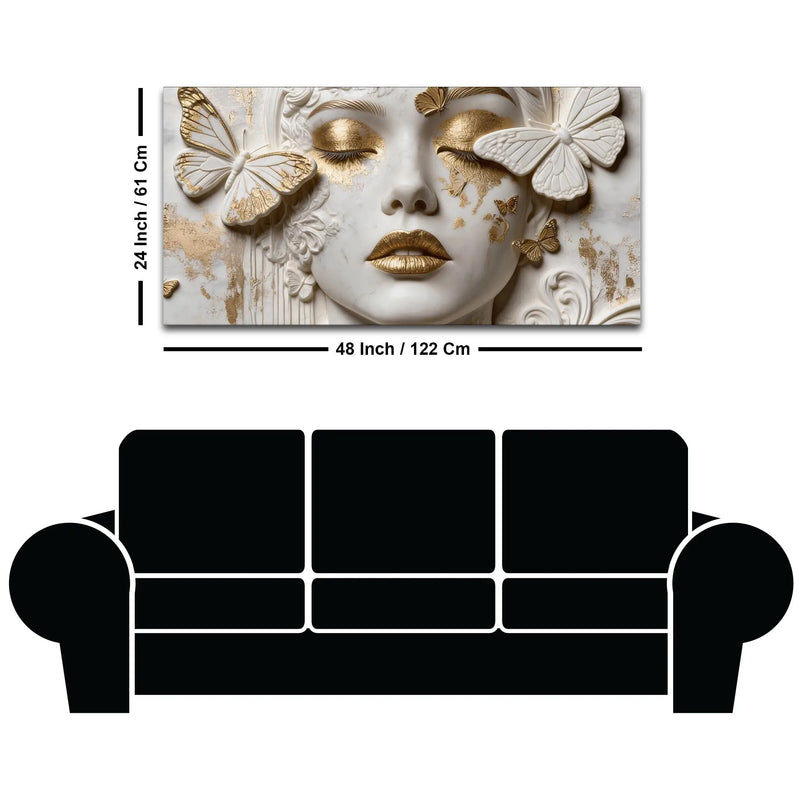 Charming Woman Face with White and Golden Butterflies 3D Canvas Wall Painting