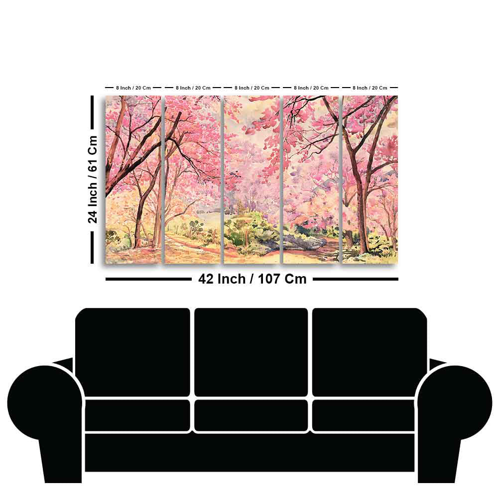 Cherry Blossom Tree Premium Wall Painting Set of Five Pieces