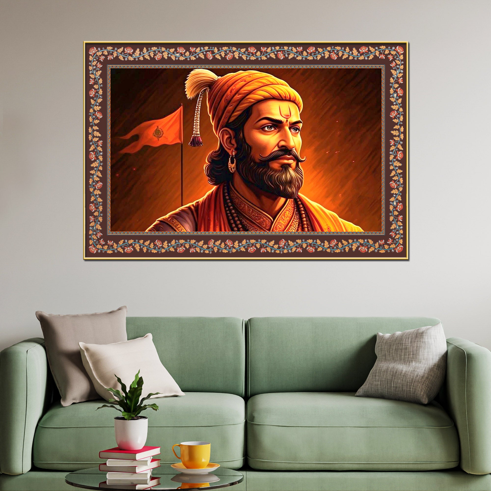 ChhatrapatiShivaji Maharaj Floral Border Canvas Wall Painting