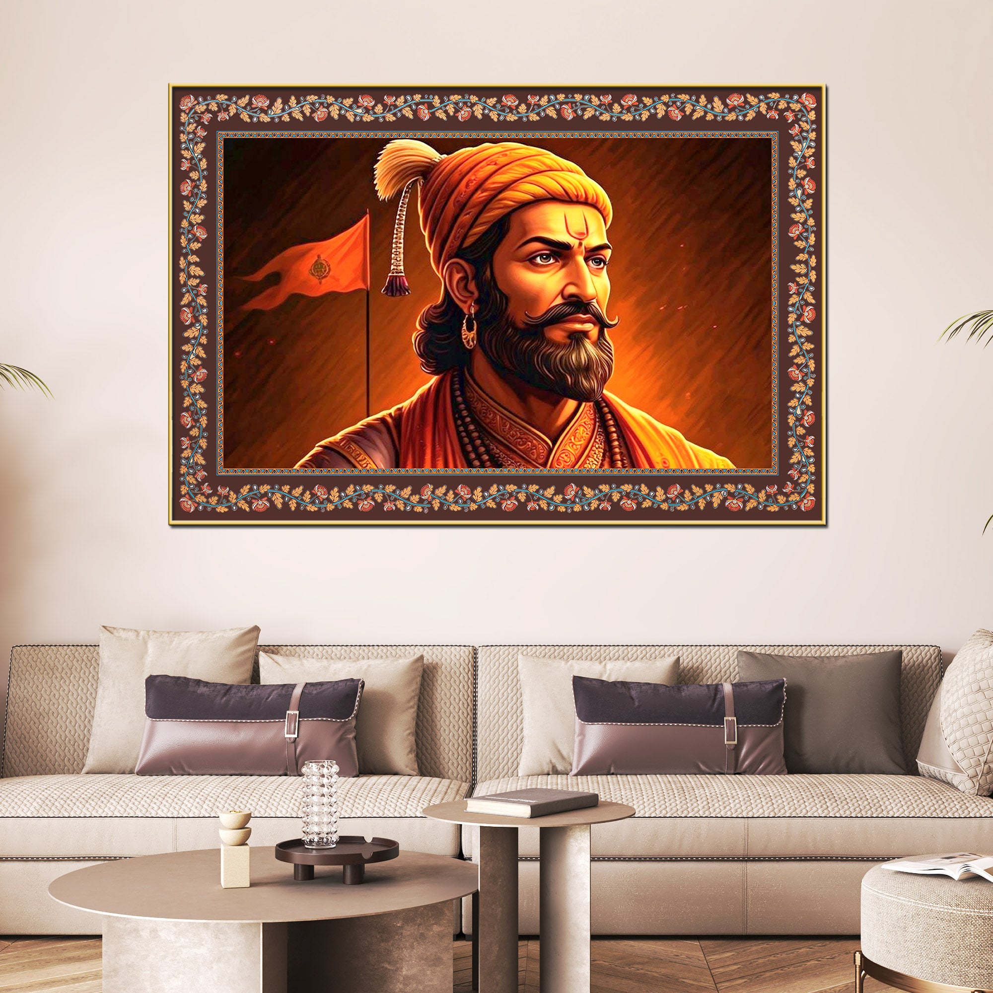 ChhatrapatiShivaji Maharaj Floral Border Canvas Wall Painting
