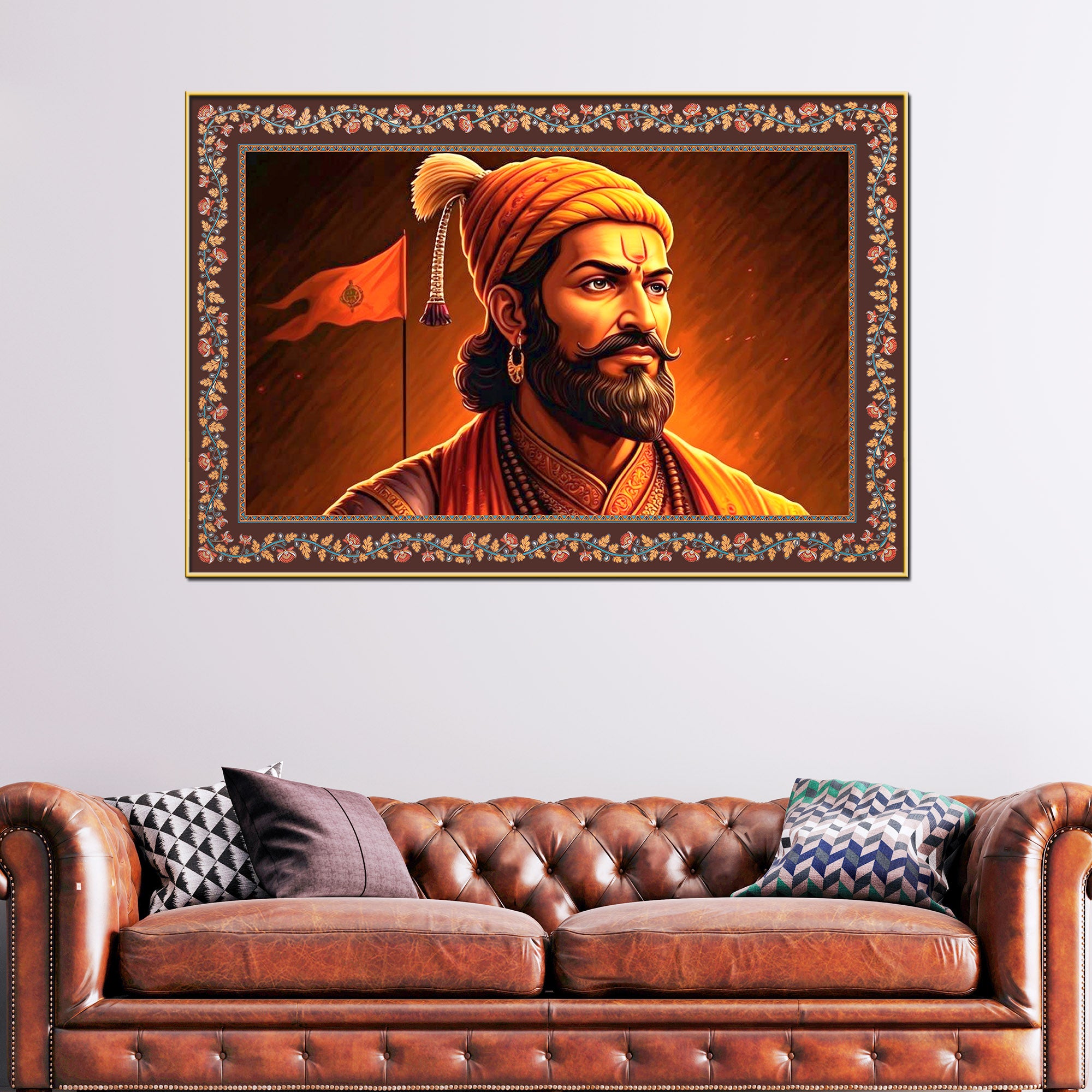 ChhatrapatiShivaji Maharaj Floral Border Canvas Wall Painting