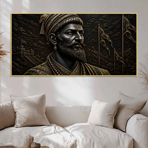 Chhatrapati Shivaji Maharaj Royal Black & Gold Metallic Look 3D Canvas Wall Painting