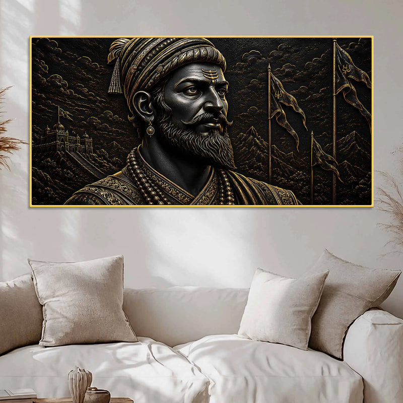 Chhatrapati Shivaji Maharaj Royal Black & Gold Metallic Look 3D Canvas Wall Painting