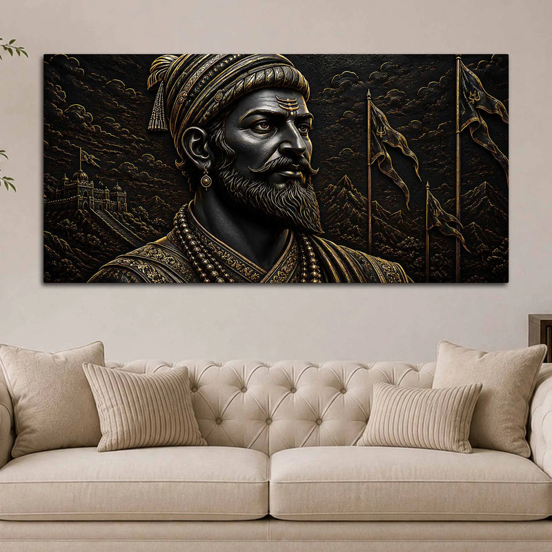 Chhatrapati Shivaji Maharaj Royal Black & Gold Metallic Look 3D Canvas Wall Painting