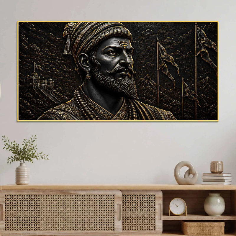Chhatrapati Shivaji Maharaj Royal Black & Gold Metallic Look 3D Canvas Wall Painting