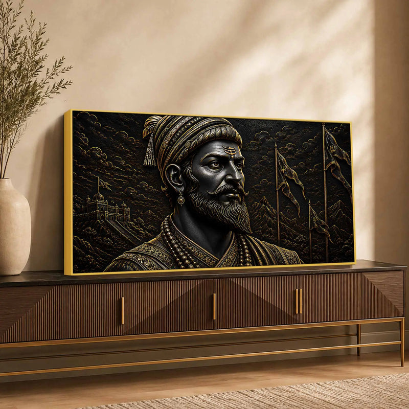 Chhatrapati Shivaji Maharaj Royal Black & Gold Metallic Look 3D Canvas Wall Painting