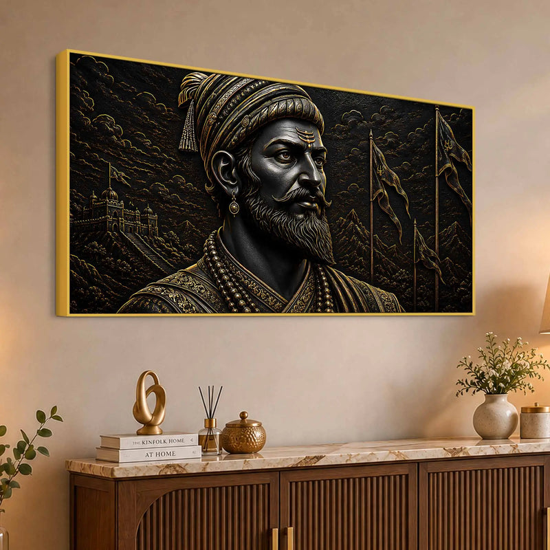 Chhatrapati Shivaji Maharaj Royal Black & Gold Metallic Look 3D Canvas Wall Painting