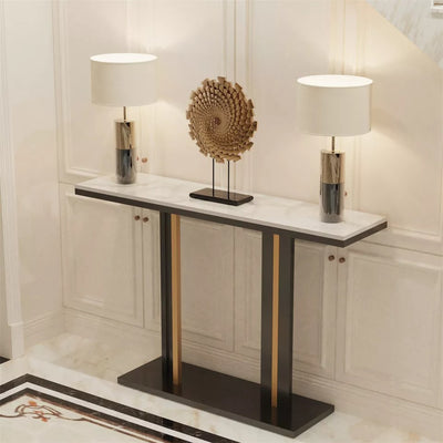 Chic White Marble Console with Sleek Black and Gold Frame