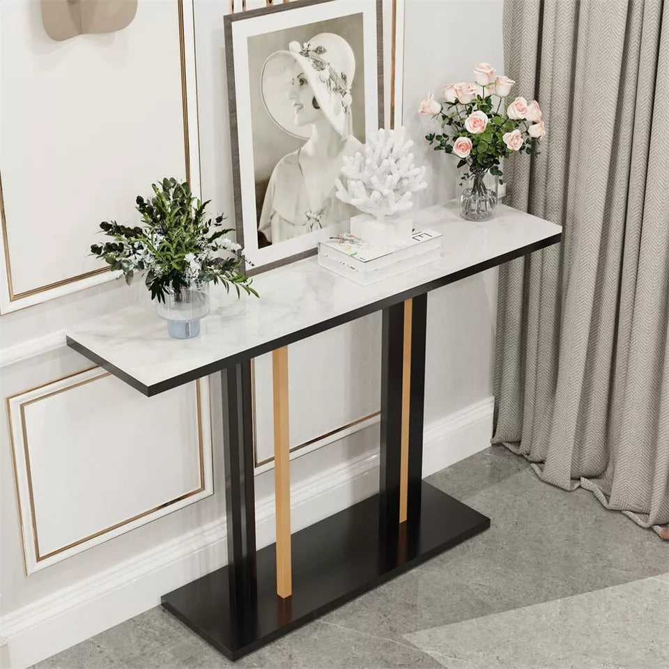 Chic White Marble Console with Sleek Black and Gold Frame