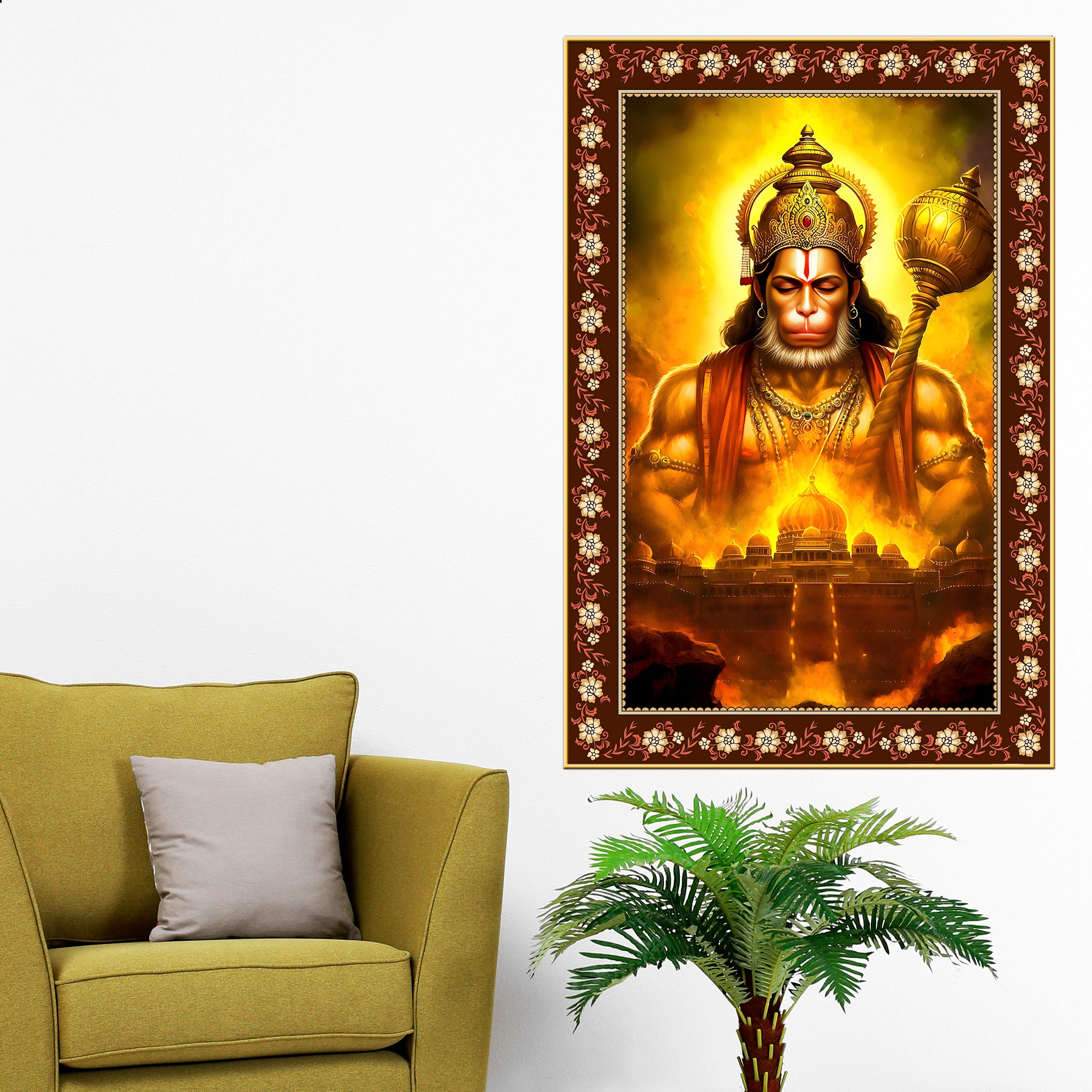 Chiranjivi Hanuman Immortal One Floral Border Vertical Wall Painting