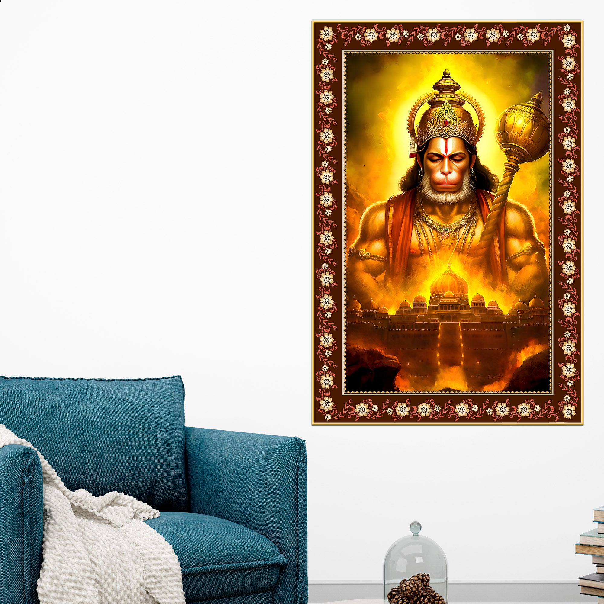 Chiranjivi Hanuman Immortal One Floral Border Vertical Wall Painting