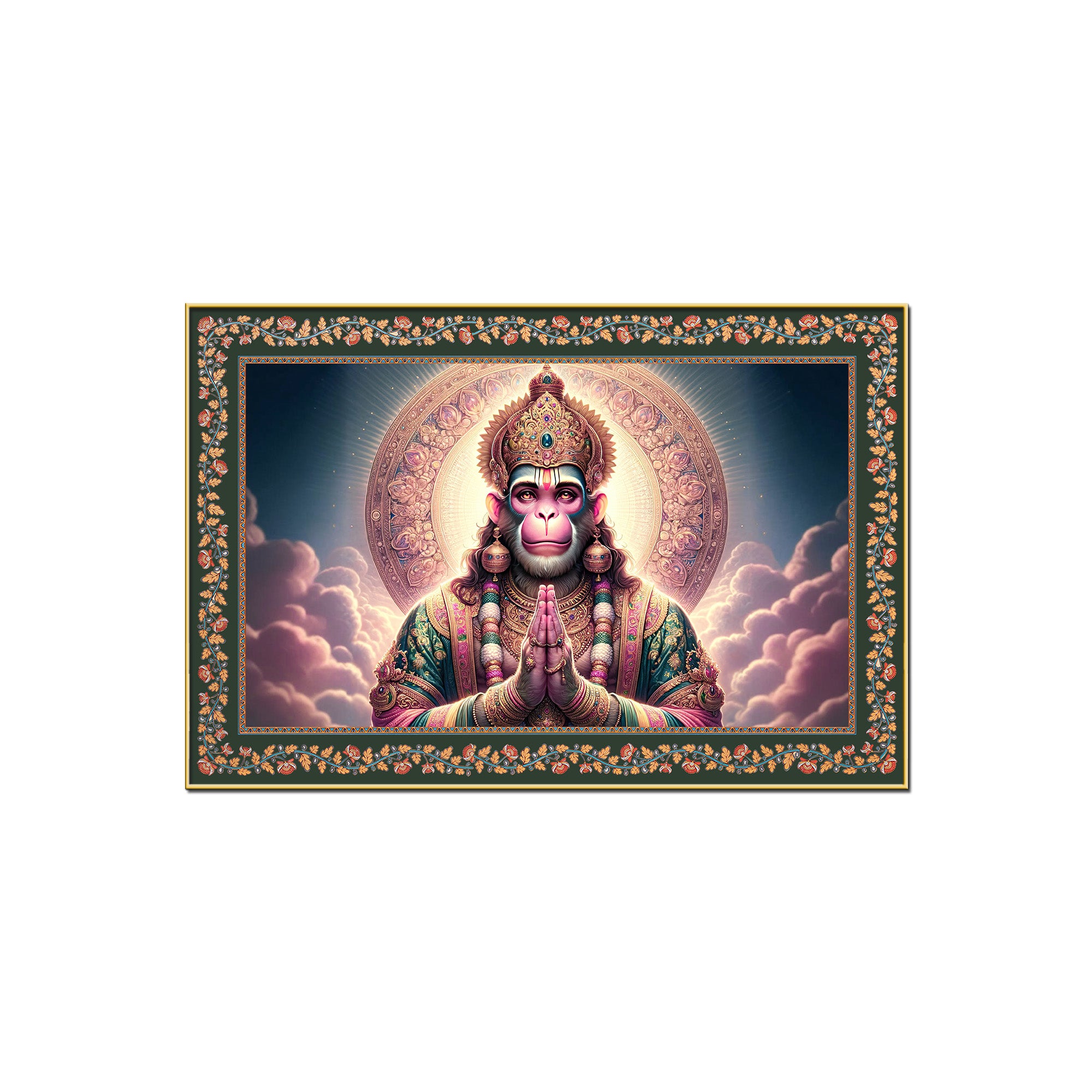 Chiranjivi Lord Hanuman Floral Border Canvas Wall Painting