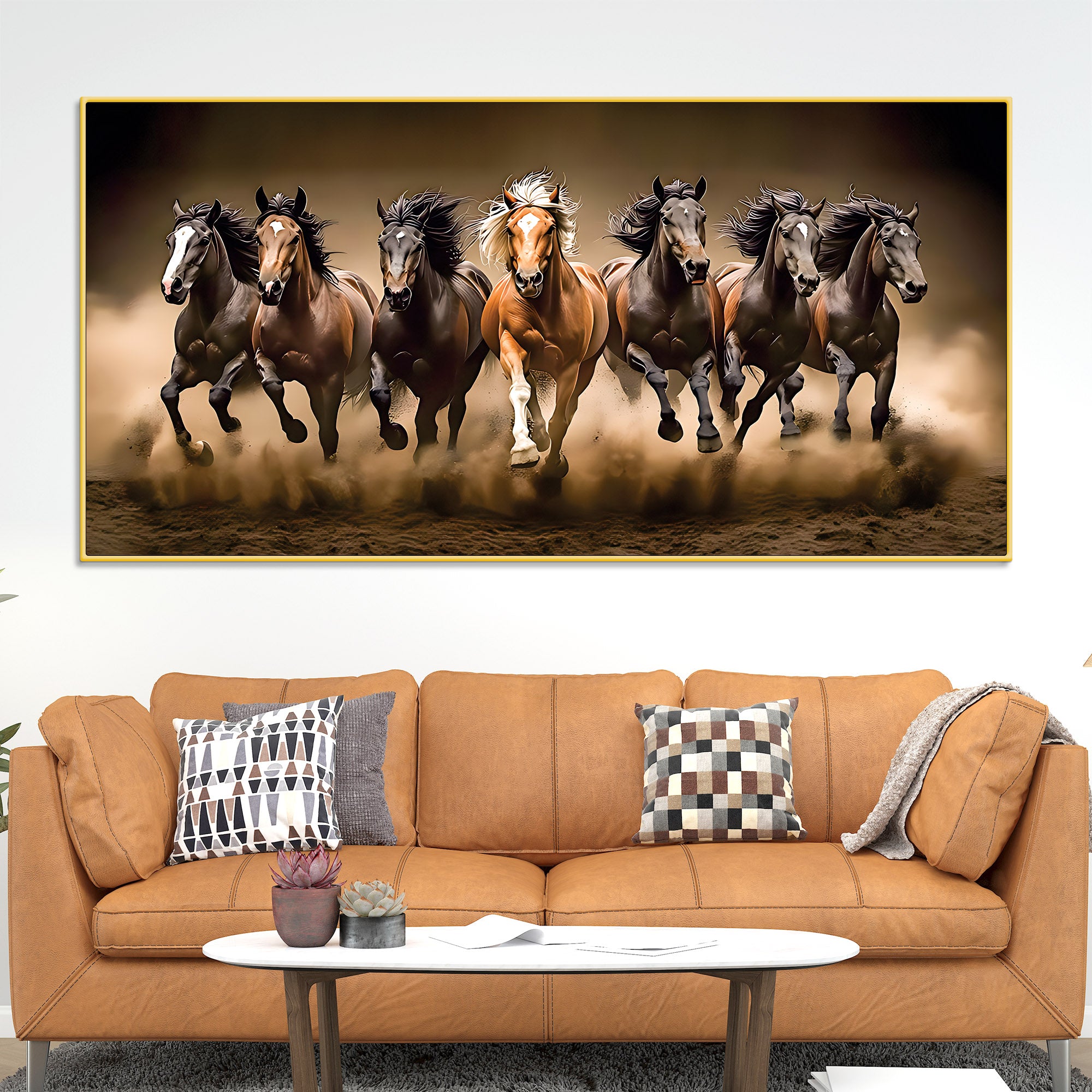 Cinematic view of Seven Running Horses Canvas Wall Painting