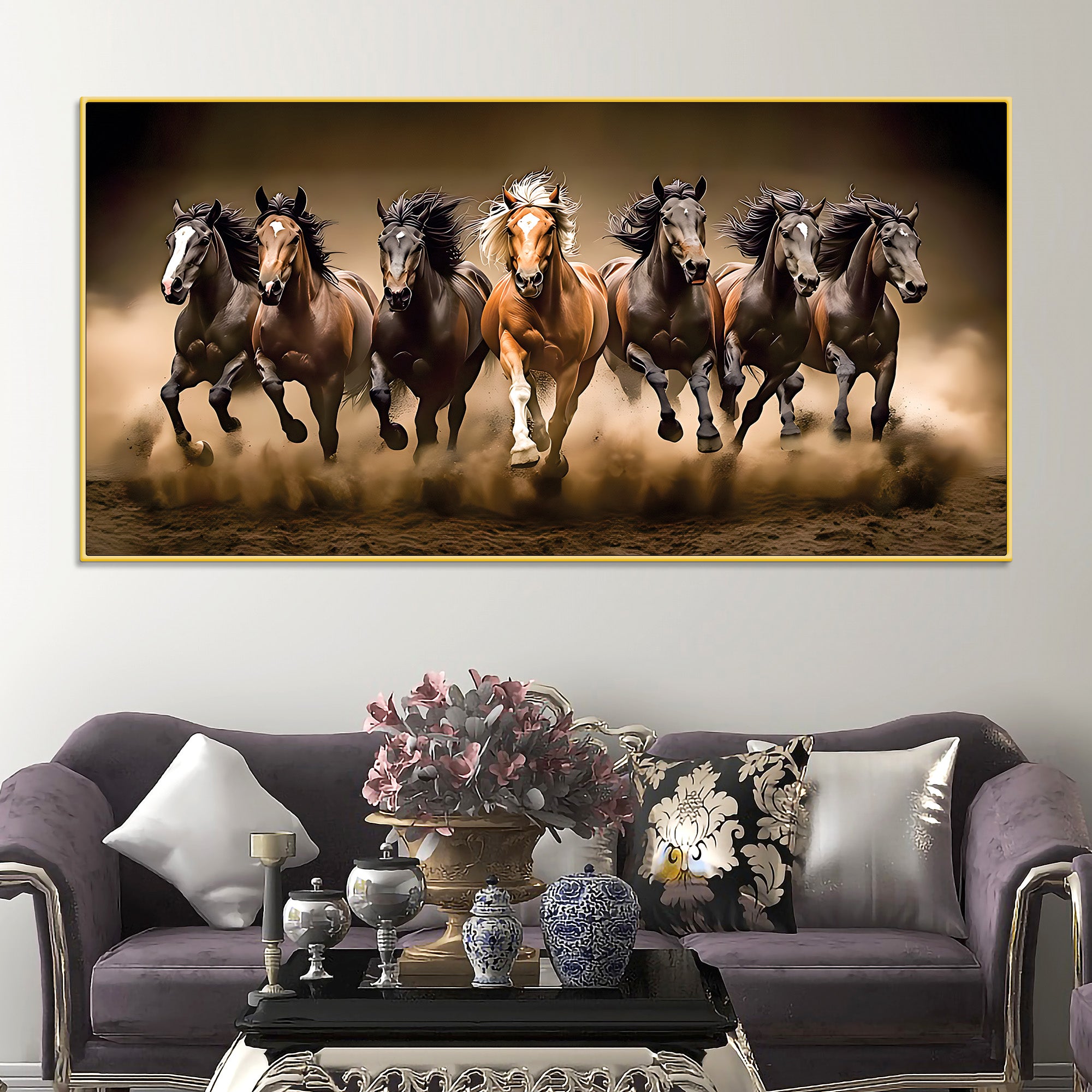 Cinematic view of Seven Running Horses Canvas Wall Painting