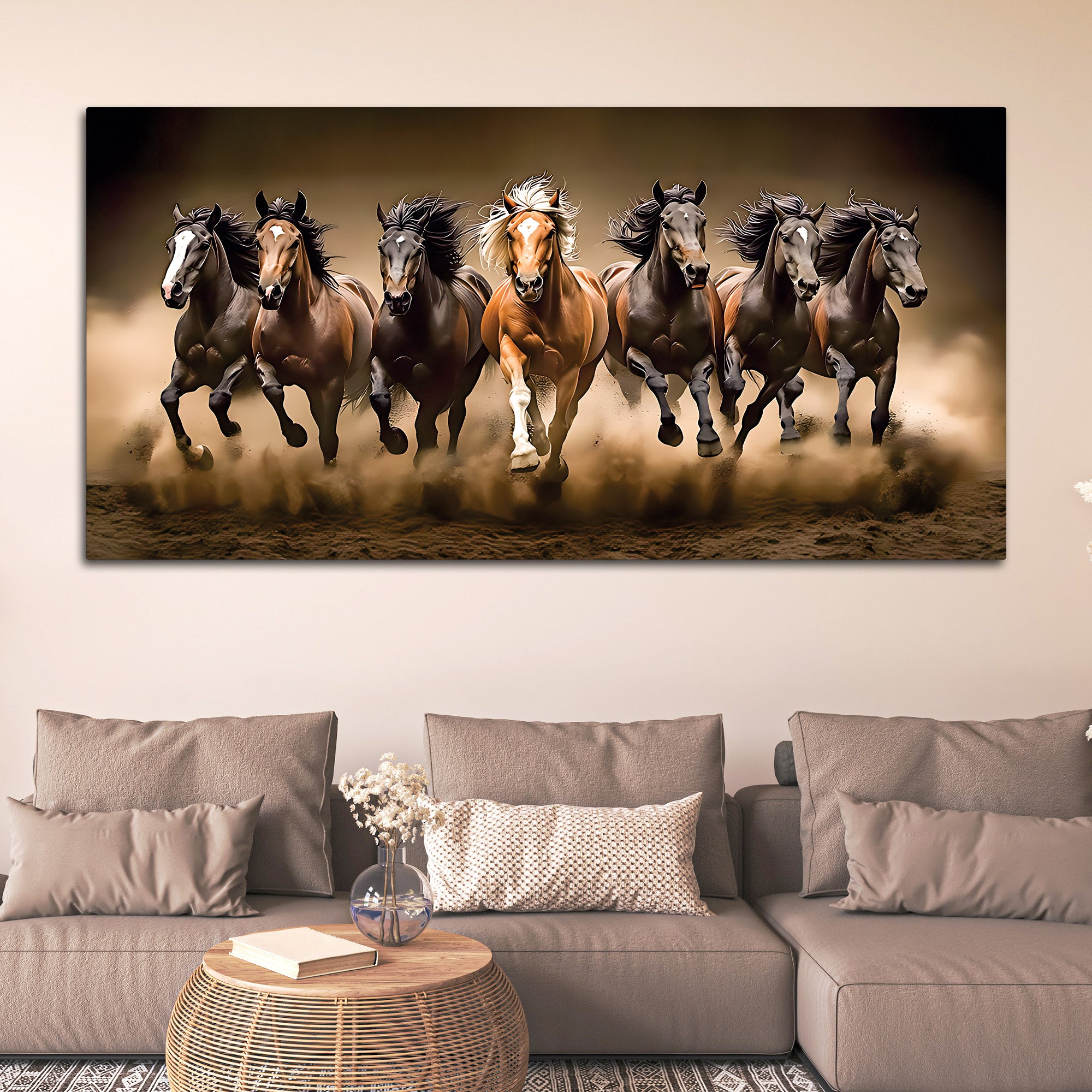 Cinematic view of Seven Running Horses Canvas Wall Painting