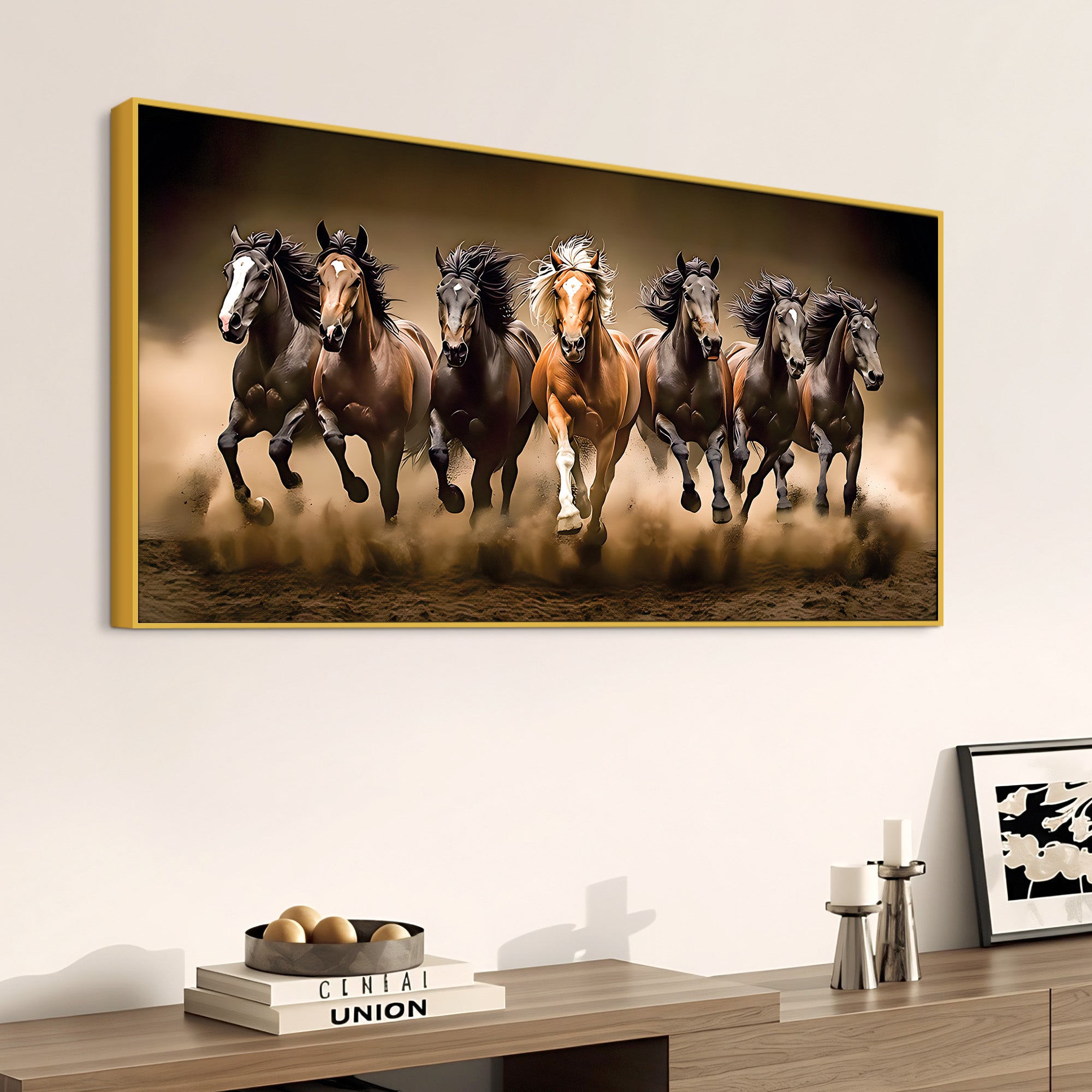Cinematic view of Seven Running Horses Canvas Wall Painting