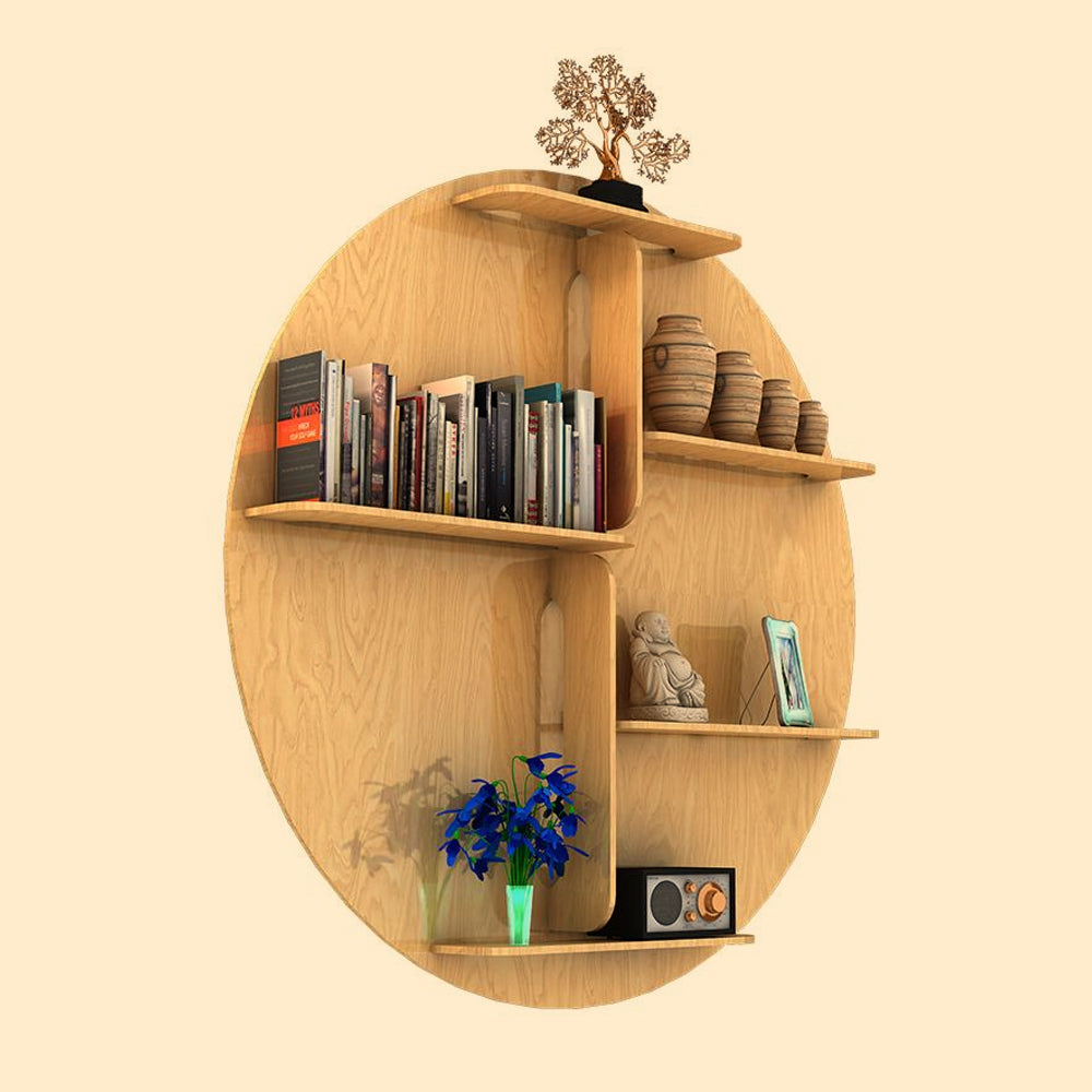 Circle Shape Backlit Designer Wooden Wall Shelf / Book Shelf / Night Light, Oak Finish