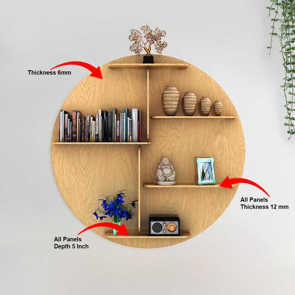 Circle Shape Backlit Designer Wooden Wall Shelf / Book Shelf / Night Light, Oak Finish