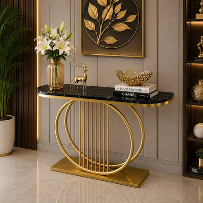 Circular Decorative Golden Metal with Black Marble Finish Stylish Console Table