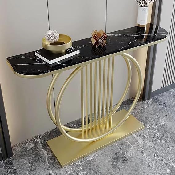 Circular Decorative Golden Metal with Black Marble Finish Stylish Console Table