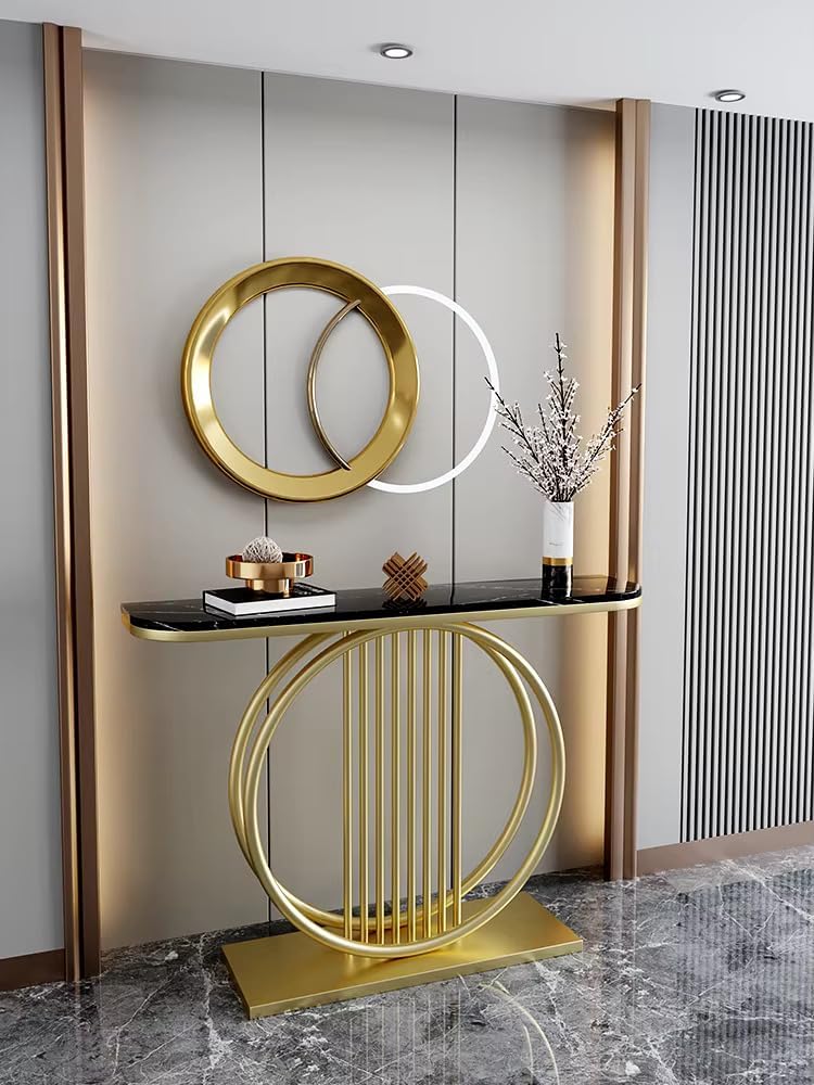 Circular Decorative Golden Metal with Black Marble Finish Stylish Console Table