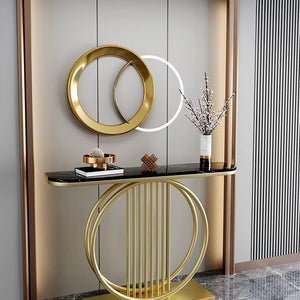 Circular Decorative Golden Metal with Black Marble Finish Stylish Console Table