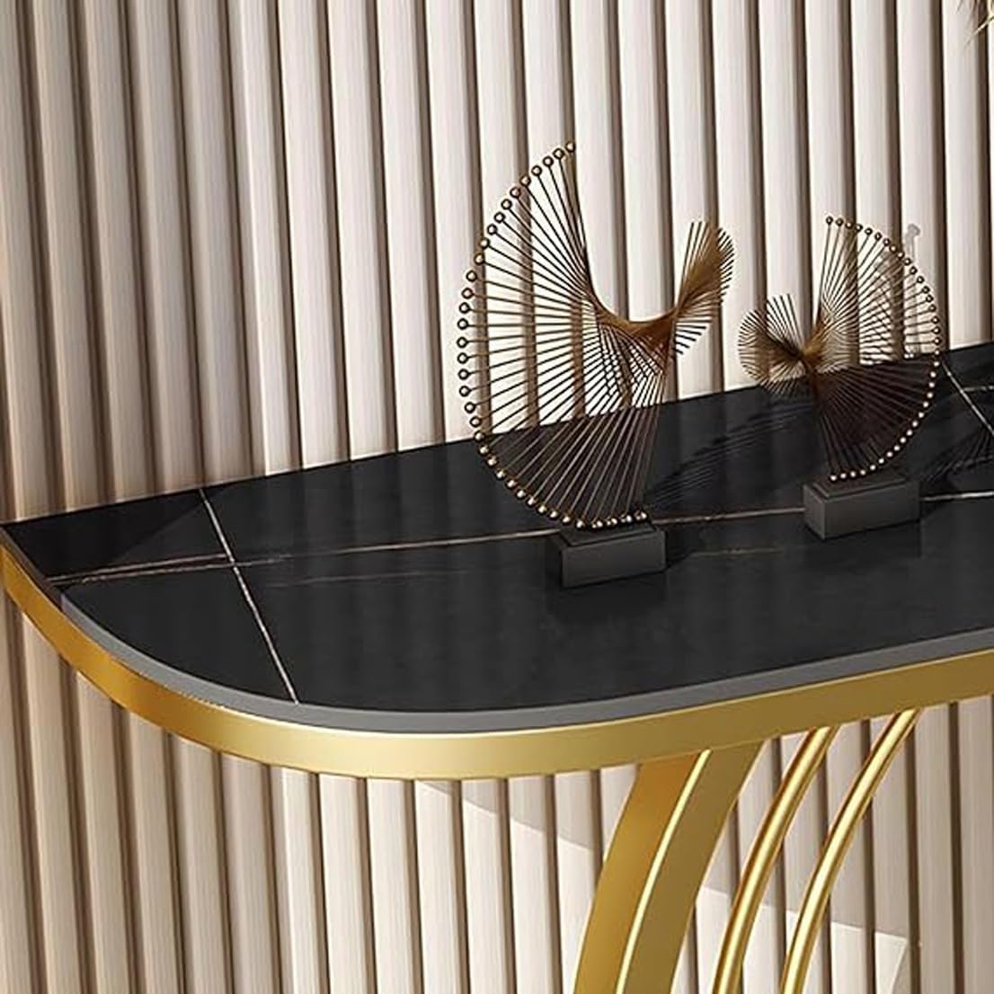 Circular Decorative Golden Metal with Black Marble Finish Stylish Console Table